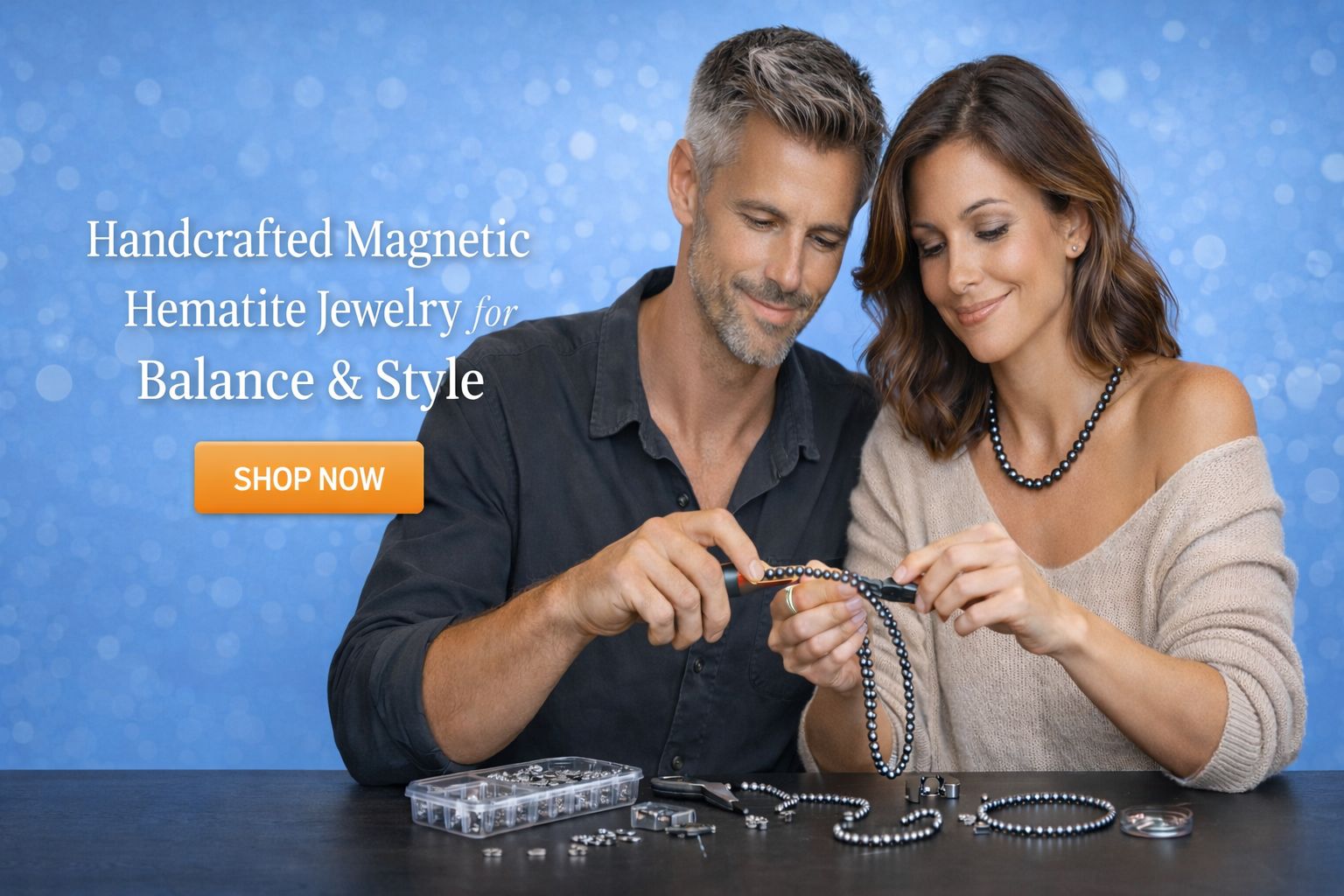 home banner for handcrafted hematite magnetic jewelry by jscoptistore