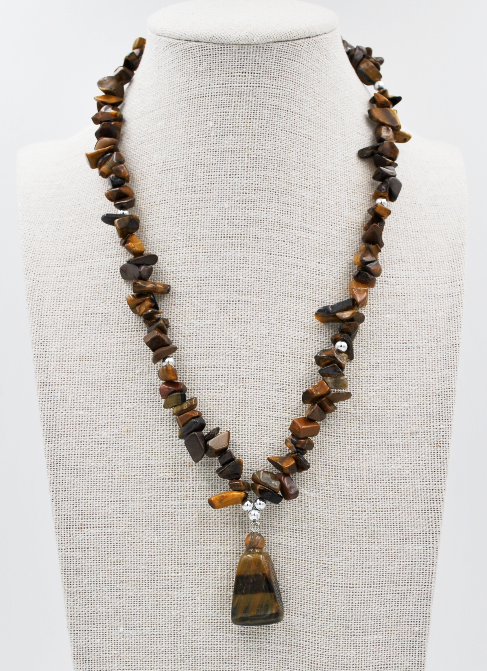 Dozen (12 Pc.) 18" Tiger-Eye Chip Stone Necklace With Nugget Pendant #CN83TE