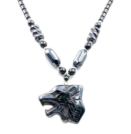 Dozen Wolf Head Hematite Necklace (NON-Magnetic) #HN-0220A