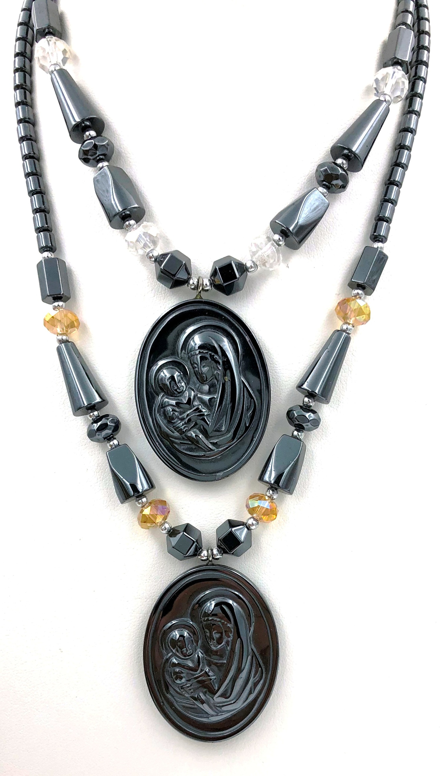 Dozen Mary With Baby Jesus Hematite Necklaces #HN-80161