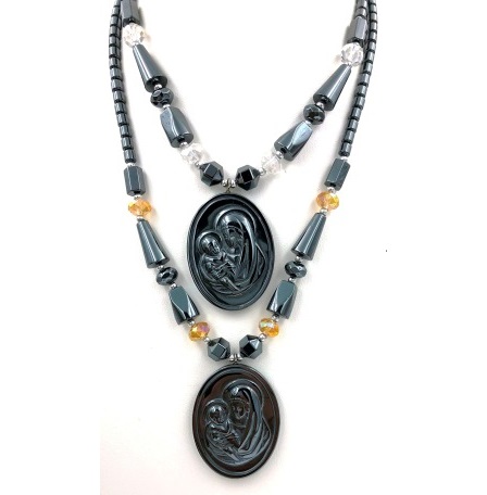 Dozen Mary With Baby Jesus Hematite Necklaces #HN-80161