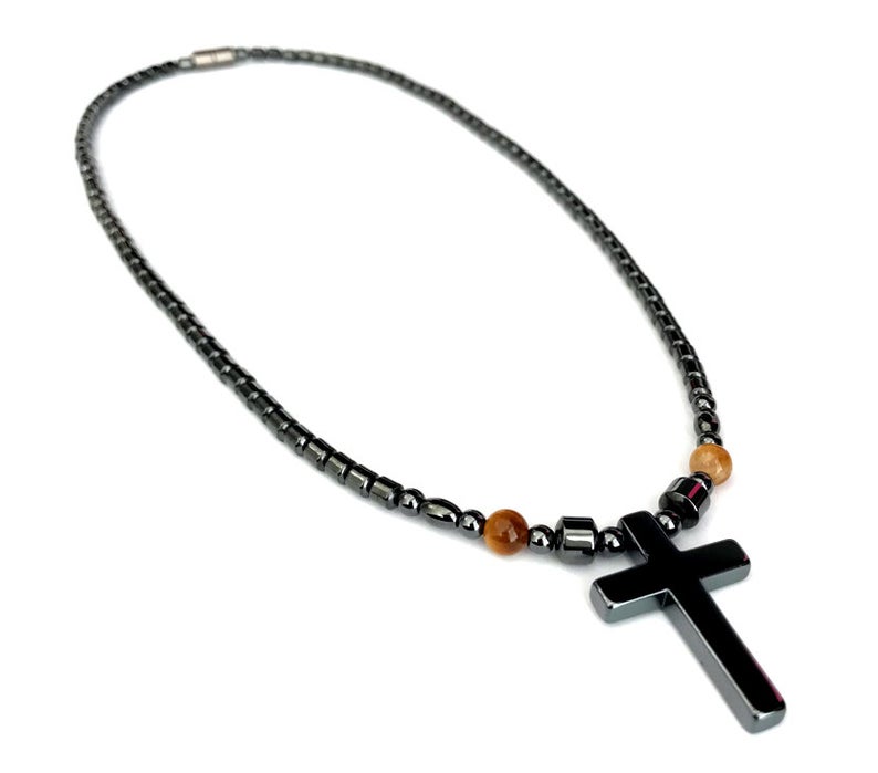 1 PC. Hematite Cross Tiger-Eye Beads Magnetic Necklace #MN-0111TE