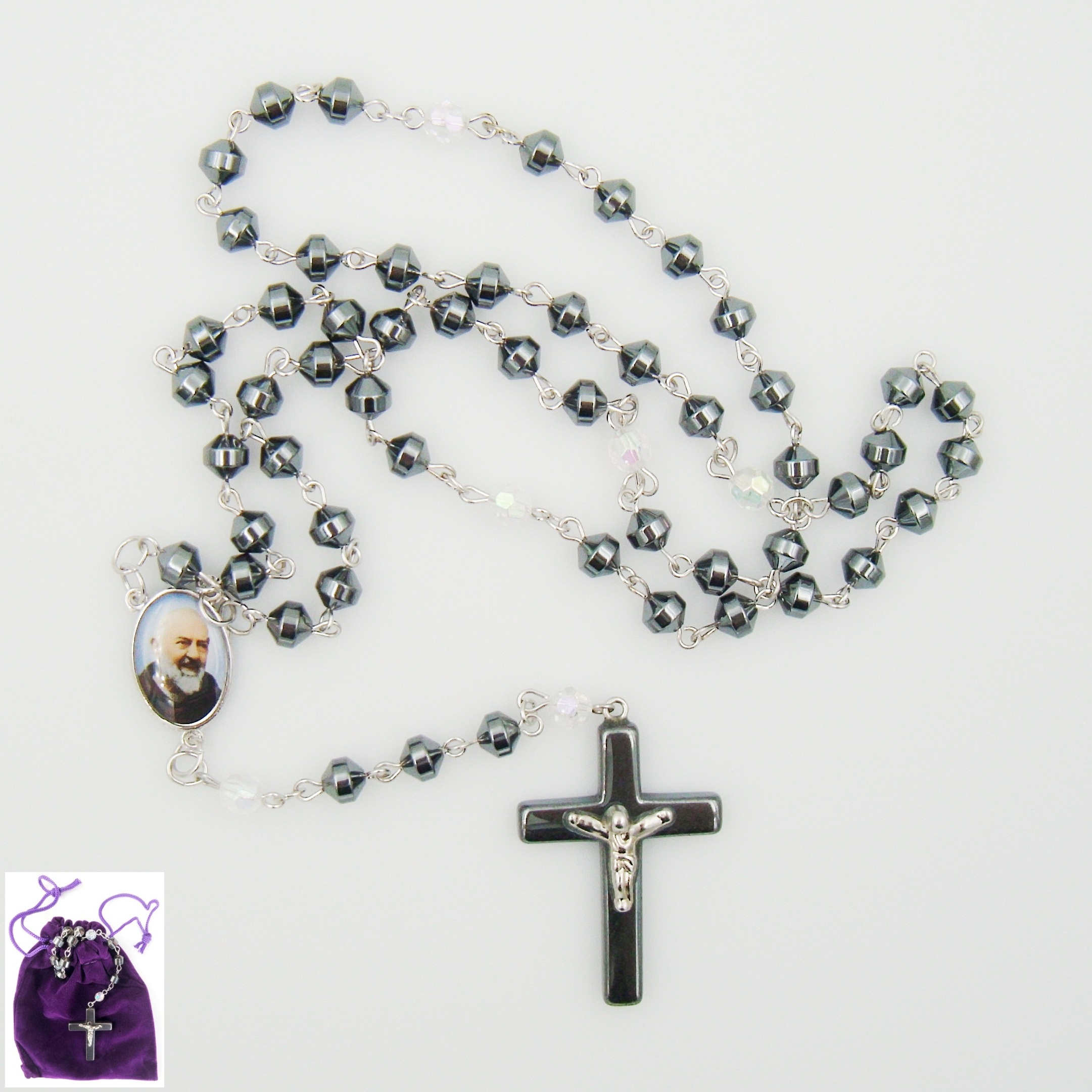 1 PC. Padre Pio AB Crystal Hematite Rosary Prayers Rosary