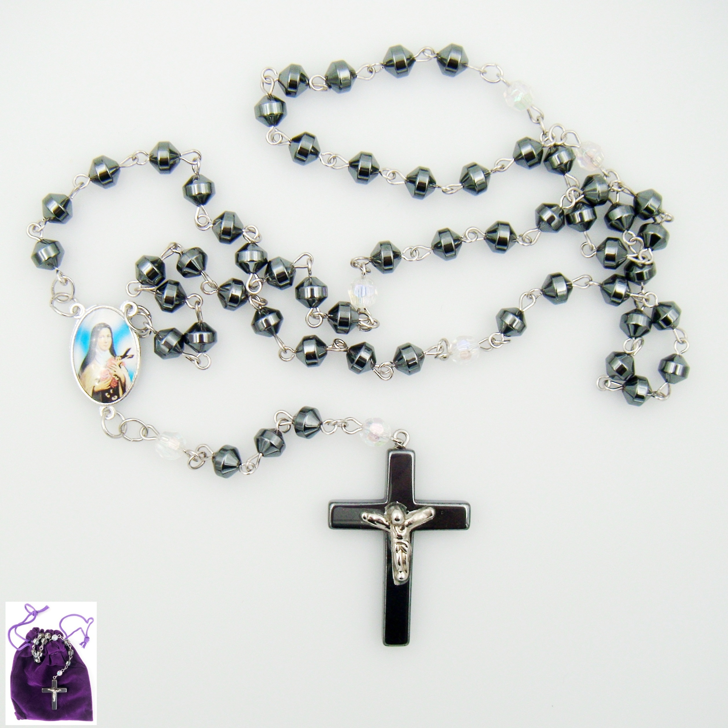 1 PC. Saint Theresa AB Crystal Hematite Rosary Prayers Rosary