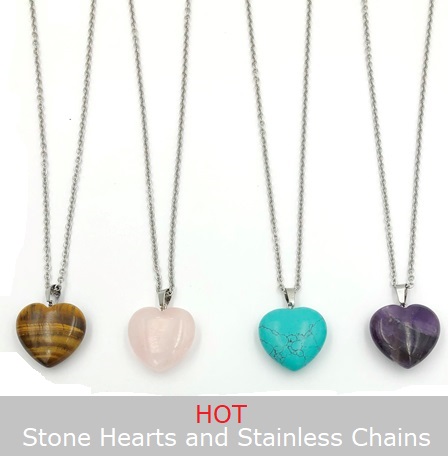 Dozen (12 PC.) Assorted Stone 25mm Heart Necklaces with 18" Long Grade 316 Stainless Steel Chains & Clasps #SHN-300