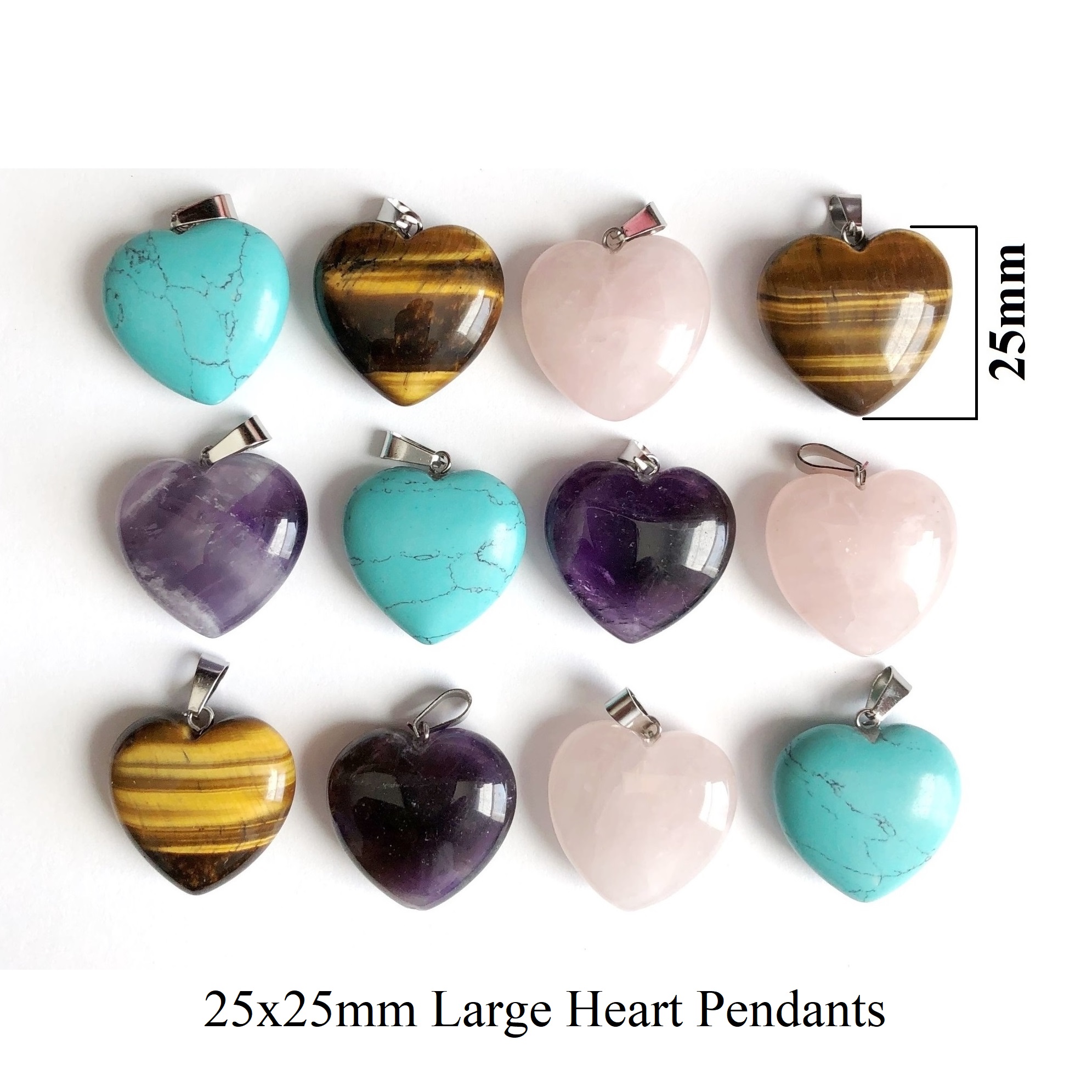 Dozen (12 PC.) 25mm Assorted Stone Heart Pendants #SHP-101